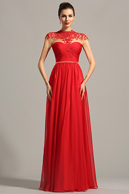 High Neck Lace Applique Red Evening Dress Formal Wear