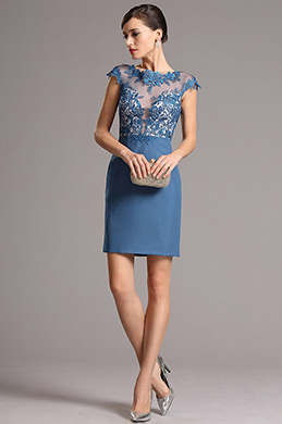 Lace Illusion Applique Neck Blue Short Cocktail Dress
