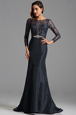 Marineblau Ilusion Spitzen Mieder Formal Kleid