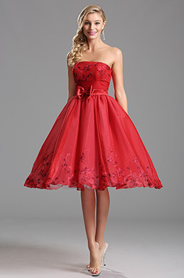 Strapless Tea Length Red Cocktail Dress Party Dress
