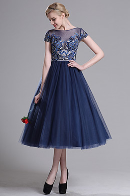 Navy Blue Illusion Neck Cocktail Party Dress