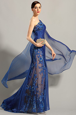 Ein Schulter Gestickt Blau Abend Ball Kleid