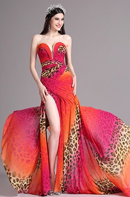 Leopard Print High Slit Strapless Sweetheart Summer Dress