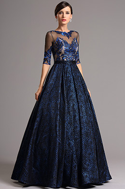 Robe de soirée manche midi broderie bleu