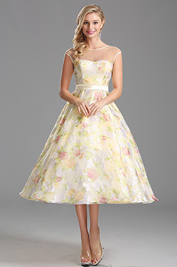 Sheer Capped Sleeved Tea Length Floral Dress Party Dress