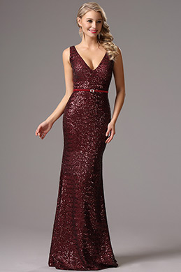 Robe de soirée sirène V col sequins sans manche bordeaux Robe de soirée sirène V col sequins sans manche bordeaux