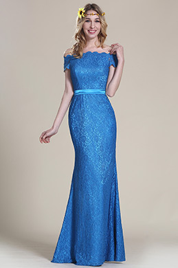 Elegant Schulterfrei Overlace Blau Brautjungfernkleid