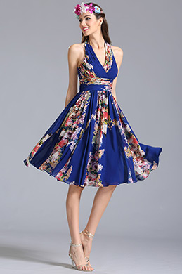 Halfter Ausschnitt Knielang Kleid Sommer Blumenkleid