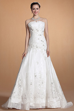 Chic Strapless Lace Beaded Bodice Wedding Dress