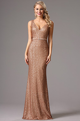 Sleeveless Plunging Neck Sequin Formal Dress Evening Dress