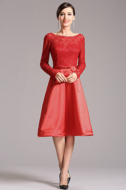 Robe de cocktail/fête rouge A-line manches en dentelle