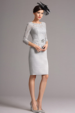 Vestido de Madre Corto de Moda Elegante Gris Mangas Largas