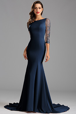 Robe de soirée manche midi sirène dentelle bleu sexy