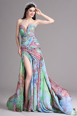 Lovely High Slit Strapless Sweetheart Printed Summer Dress