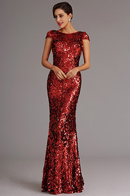 Stunning Capped Sleeves Burgundy Sequin Formal Dress Evening Dress