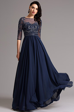 Half Sleeves Navy Blue Evening Dress Formal Gown
