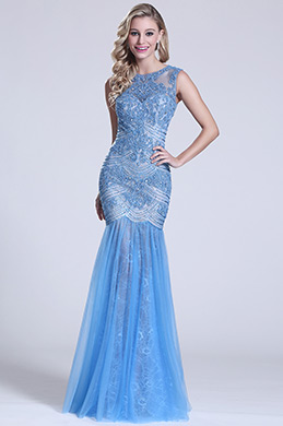 Gorgeous Sleeveless Beaded Blue Prom Dress