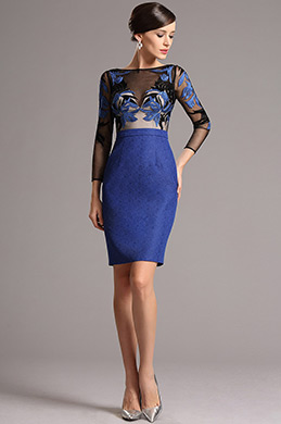 Long Sleeves Embroidered Blue Short Dress