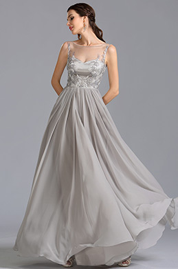 Elegant Grey Embroidered Bodice Formal Dress Evening Gown