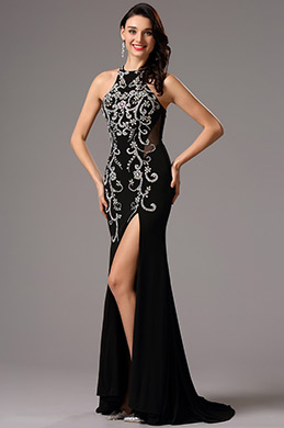 Maravilloso Negro Vestido de Graduación Halter Escote