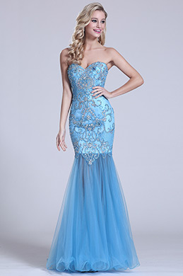 Strapless Sweetheart Beaded Blue Prom Gown