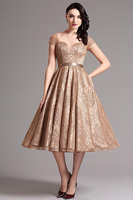 Short Sleeves Vintage Coffee Tea Length Dresss