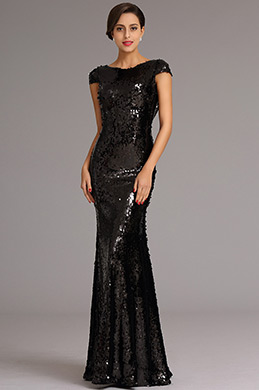 Robe de soirée sexy avec sequins noir cap manche dos nu