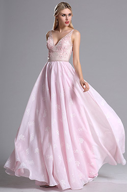 Pink V Neck Floral Embroidery Prom Evening Dress