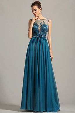Ärmellos Stickere Blau Abendkleid Formal Kleid