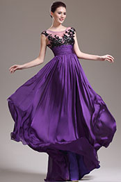 Capped Sleeves Lace Bodice Purple Evening Dress