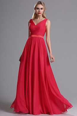Red Straps Plunging V Neck Ruched Bridesmaid Dress