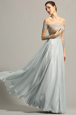 Robe de soirée bleu clair manches longues dentelle