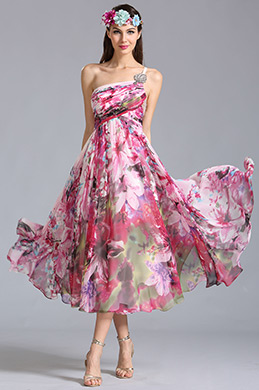 One Shoulder Tea Length Printed Dress Party Dress