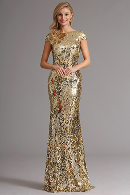 Golden Sequin Long Formal Gown with Cowl Back Design