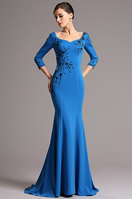 Blue Embroidery Long Sleeves Mermaid Evening Dress