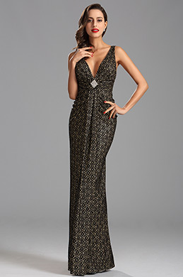 Plunging Neckline Pleated Waistband Formal Evening Dress