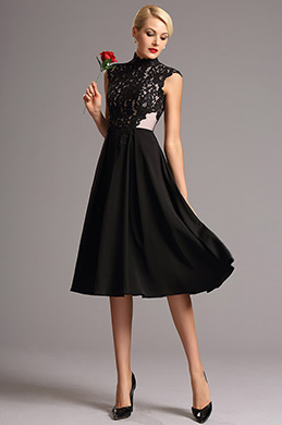 Black Cap Sleeves Lace Bodice Cocktail Dress
