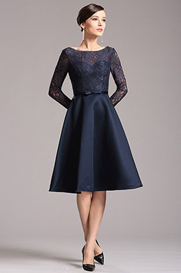 Maravilloso Vestido de Coctel Mangas en Encaje Azul Oscuro