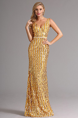 Robe de soirée sirène V col dos nu avec sequins doré