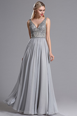 Grau V-Ausschnitt Abendkleid