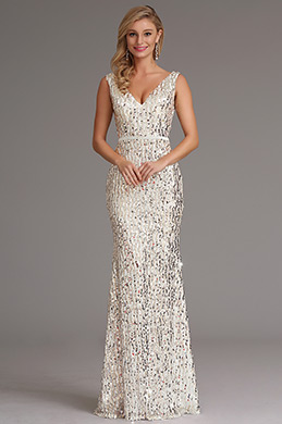 Sexy Plunging Neckline White Sequin Formal Dress Prom Gown