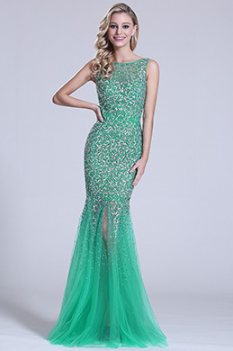 Robe de soirée sirène verte sans manche dos nu