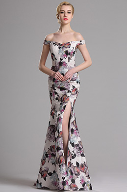 Off Shoulder Printed High Slit Prom Evening Dress