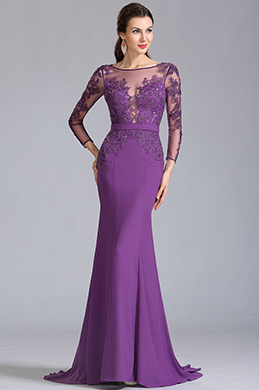 Long Sleeves Applique Purple Evening Dress Formal Dress