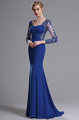 Blue Long Sleeves Applique Evening Prom Gown