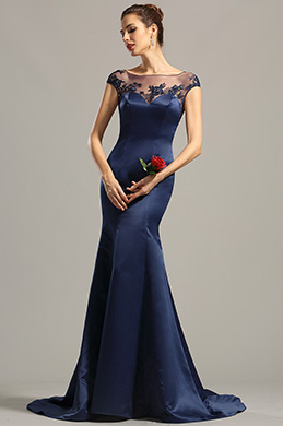 Cap Sleeves Navy Blue Embroidered Evening Dress Formal Dress