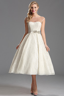 Illusion Sweetheart Neckline Tea Length Wedding Dress