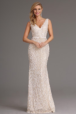 Stylish Plunging Neck Cream Sequin Formal Dress Evening Gown