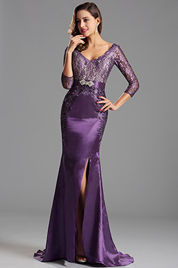 Robe de soirée manches longues dentelle dos nu violet