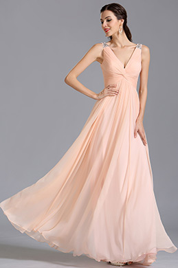 Sleeveless V Neck Peach Evening Dress Formal Dress